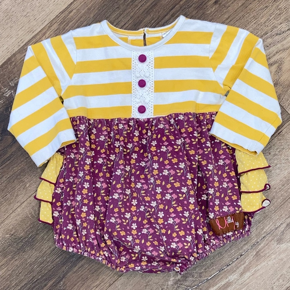 Millie Jay Yellow Striped Floral Romper Ruffles Fall Autumn Bubble Outfit 18m
